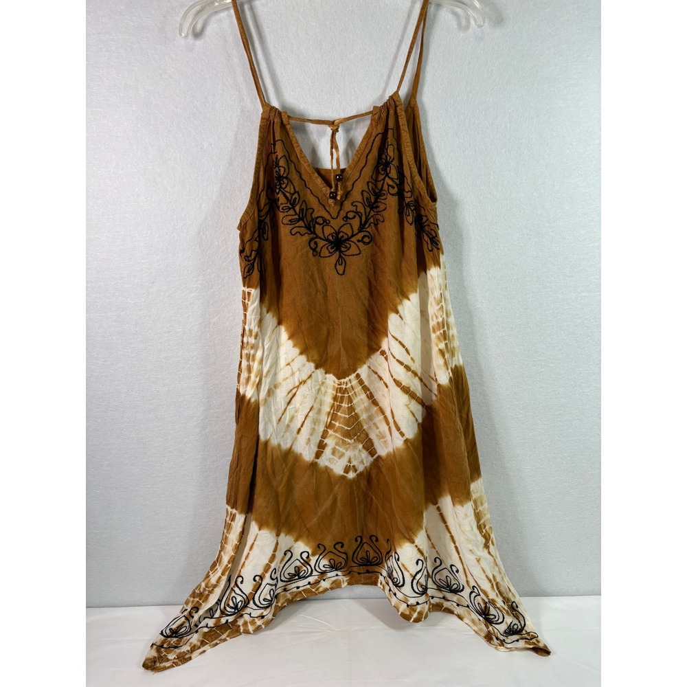 Daisy Island Tie Dye Embroidered Handkerchief Hem Mini Dress Brown White Medium